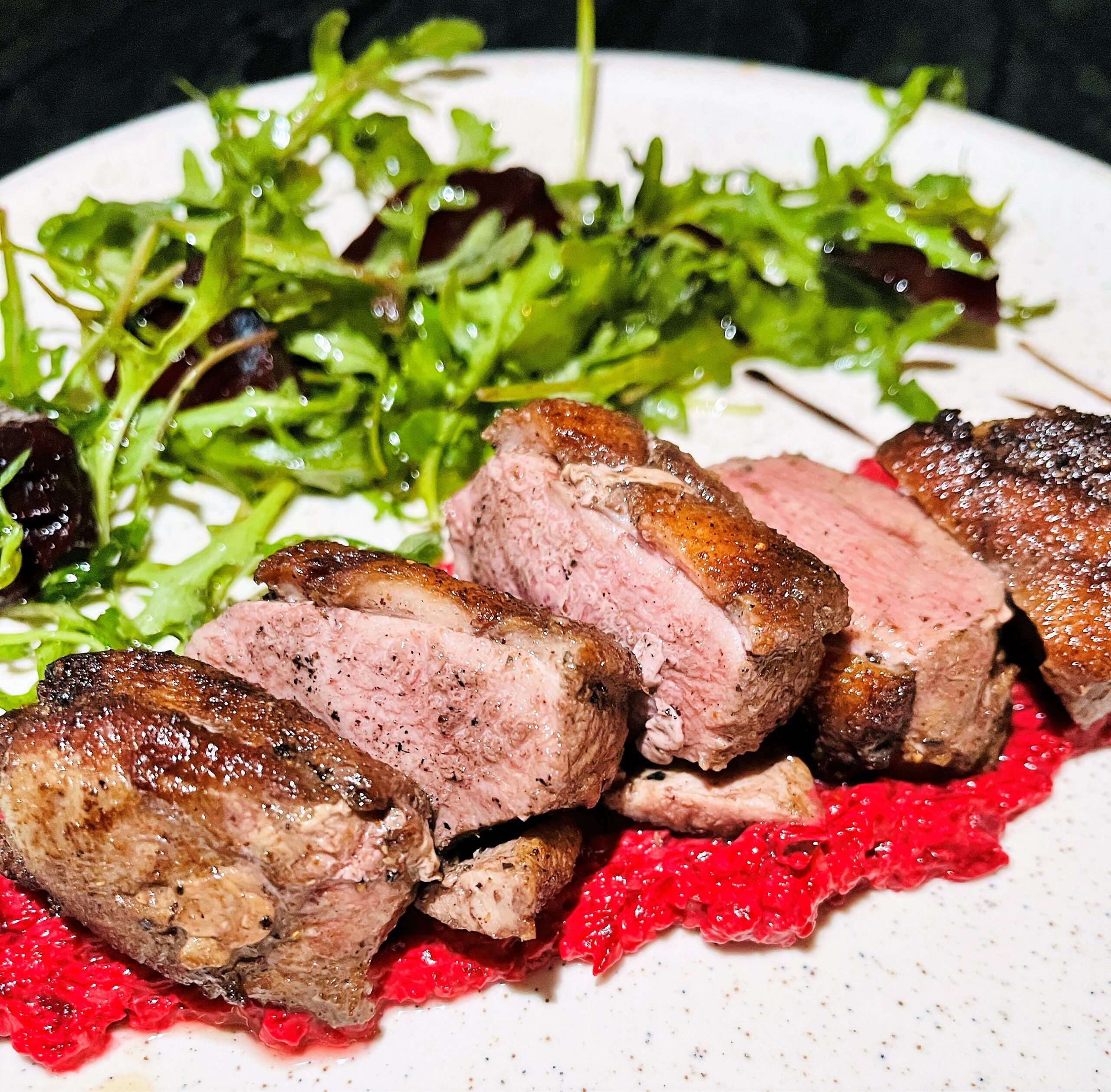 Baharat Spiced Duck Breast with Roasted Red Beets Salad and Arugula