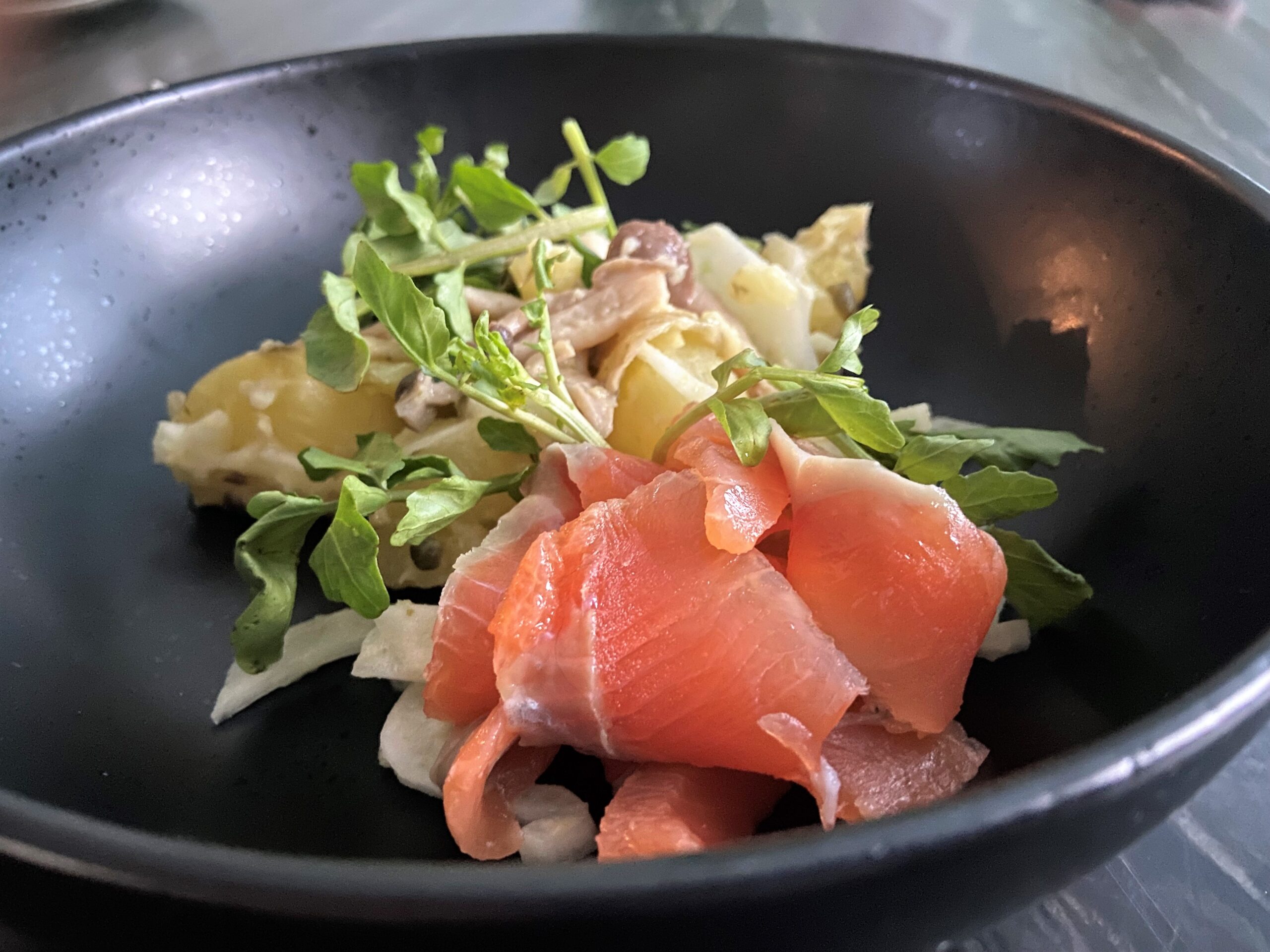 Salt cured salmon with Warm Potato - Fennel Salad & Aioli sauce