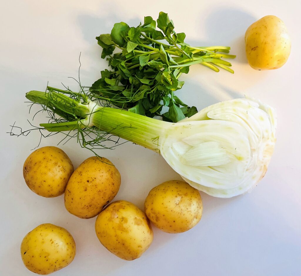 Potatoes, fennel and water cress salad ingredients