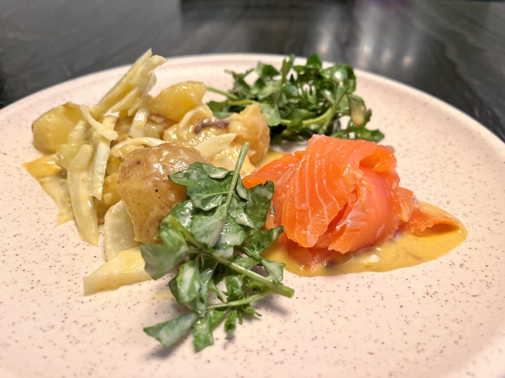 Gravlax with Warm Potato Salad & Aioli sauce