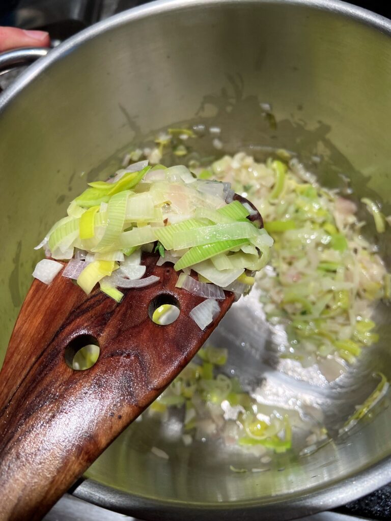 sauté leeks, shallot and garlic in butter till translucent