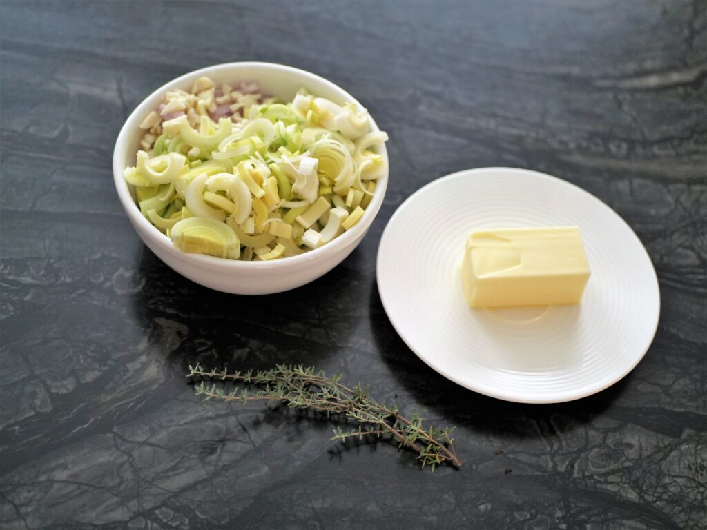 Slice leek, shallot and garlic and measure out butter