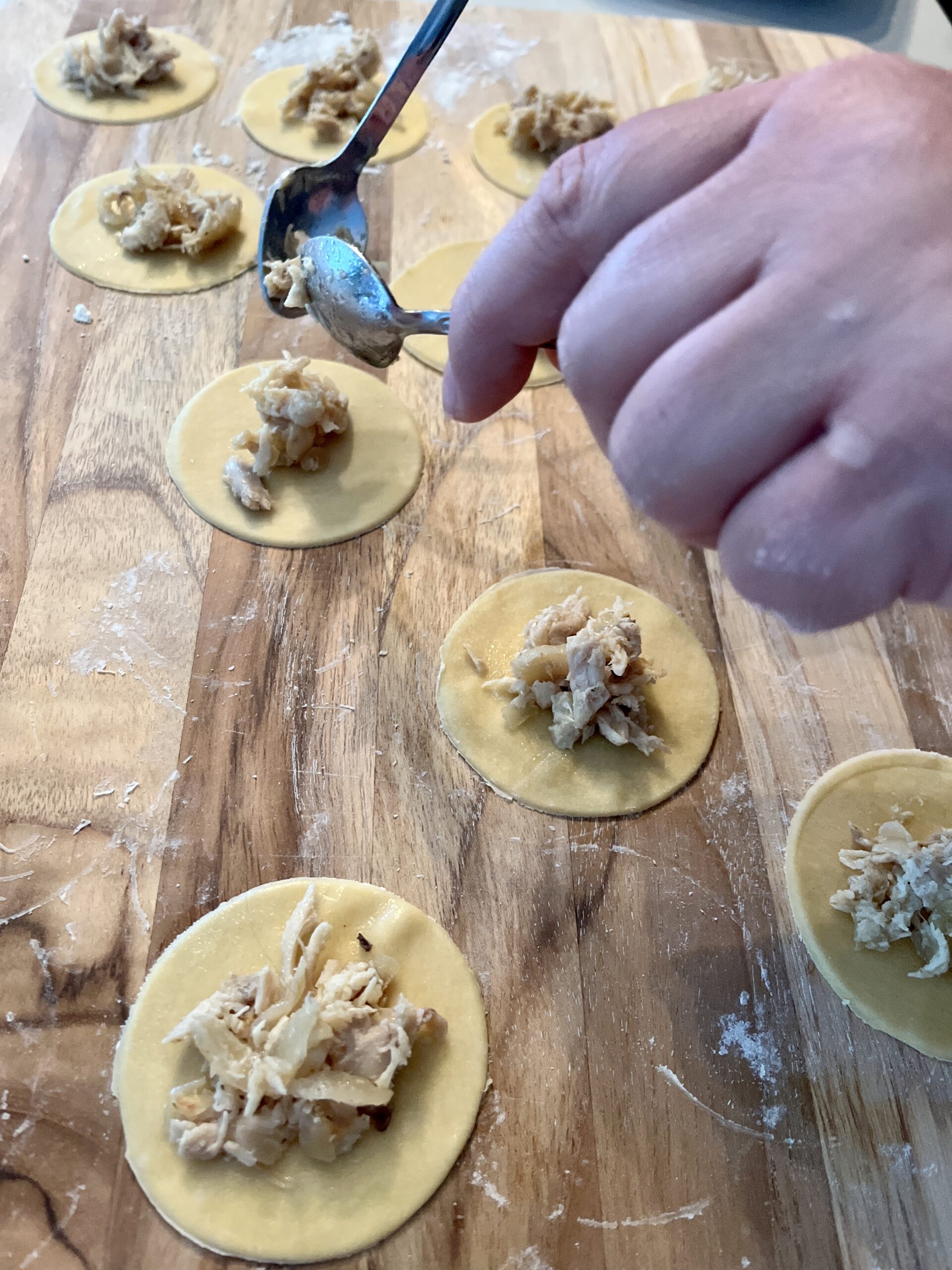 cut circles in the dough and place chicken meat filling