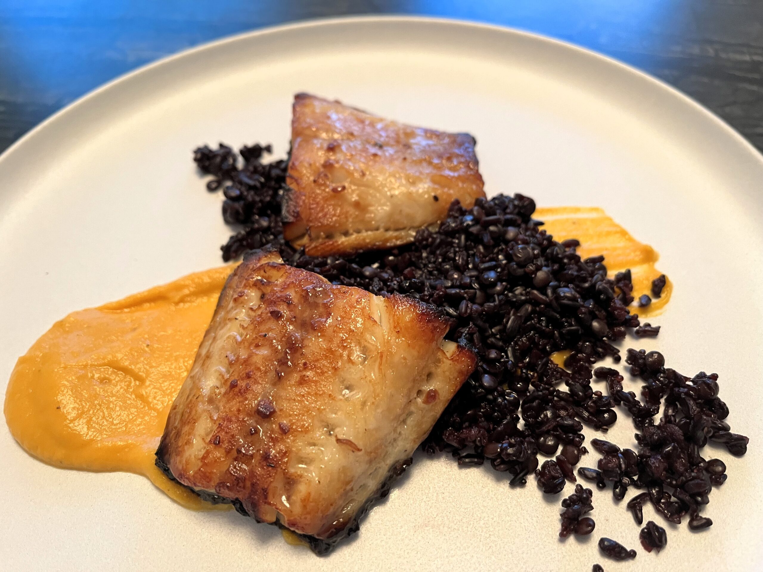 Miso-Marinated Sablefish With Butternut Squash Purée And Forbidden Rice