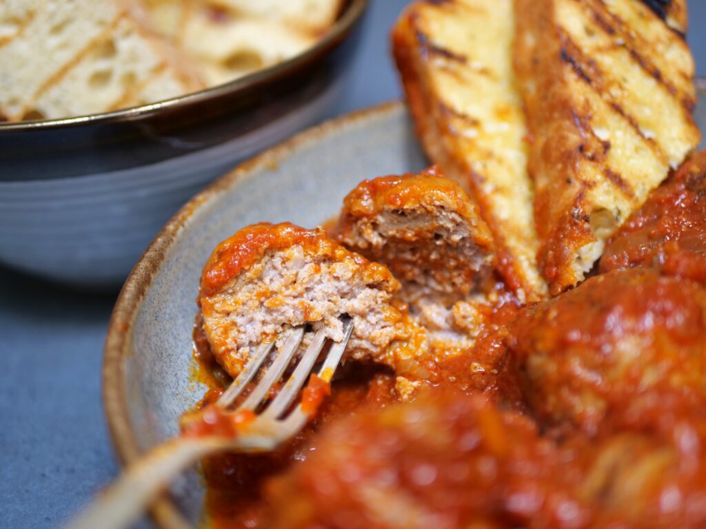 serve these authentic Italian meatballs with sauce and focaccia 