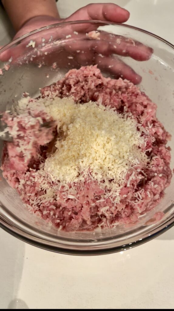 add meats and cheese to the meatballs mixture